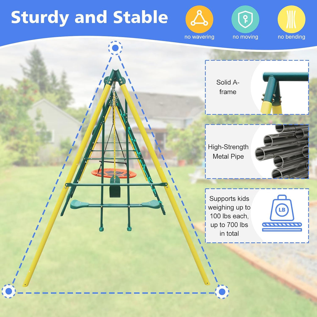Metal Swing Sets for Kids Backyard, 6-in-1 Heavy Duty Metal Swingset with Climbing Frame, Net, Glider, Hammock Swing, Belt Swing & Basketball Rim, 700LB A-Frame Outdoor Playground for Ages 3-12