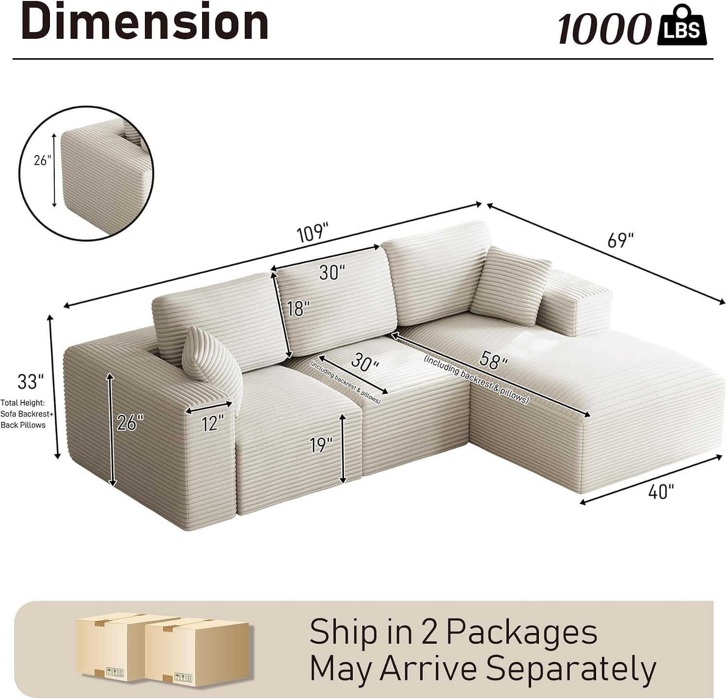 109' L-Shaped Boneless Cloud Sectional Couches, Comfy Corduroy Fluffy Modular Sectional Sofa with Right-Facing Chaise, Deep Seat Memory Foam Plush Couch for Living Room, Small Spaces, Beige White