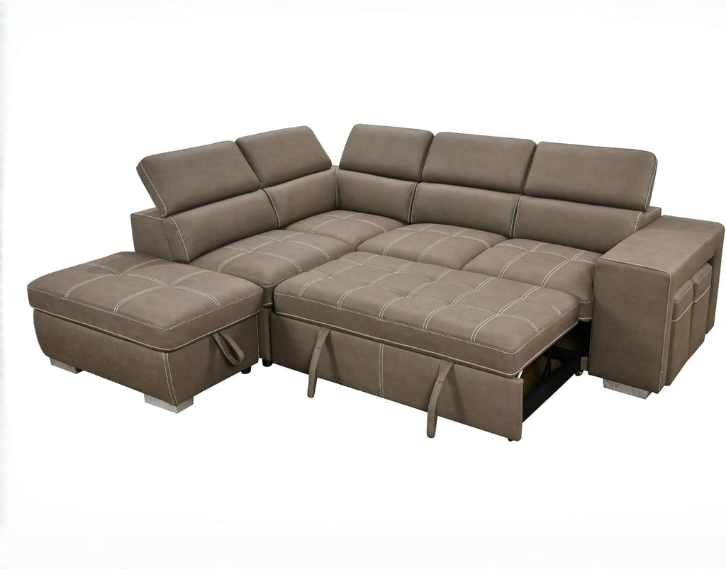 THSUPER 104'' Microfiber L Shaped Sectional Sleeper Sofa Couch with Pull Out Bed and Storage Ottoman, Convertible Couches with Adjustable Headrest for Living Room, Left Facing Chaise. Light Brown