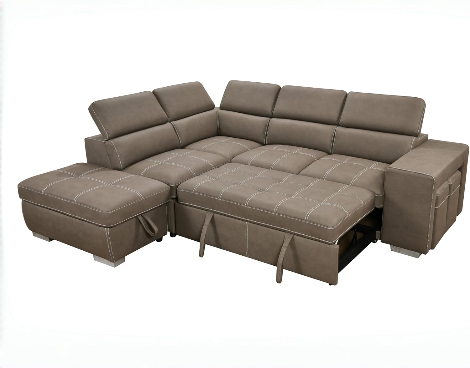 THSUPER 104'' Microfiber L Shaped Sectional Sleeper Sofa Couch with Pull Out Bed and Storage Ottoman, Convertible Couches with Adjustable Headrest for Living Room, Left Facing Chaise. Light Brown