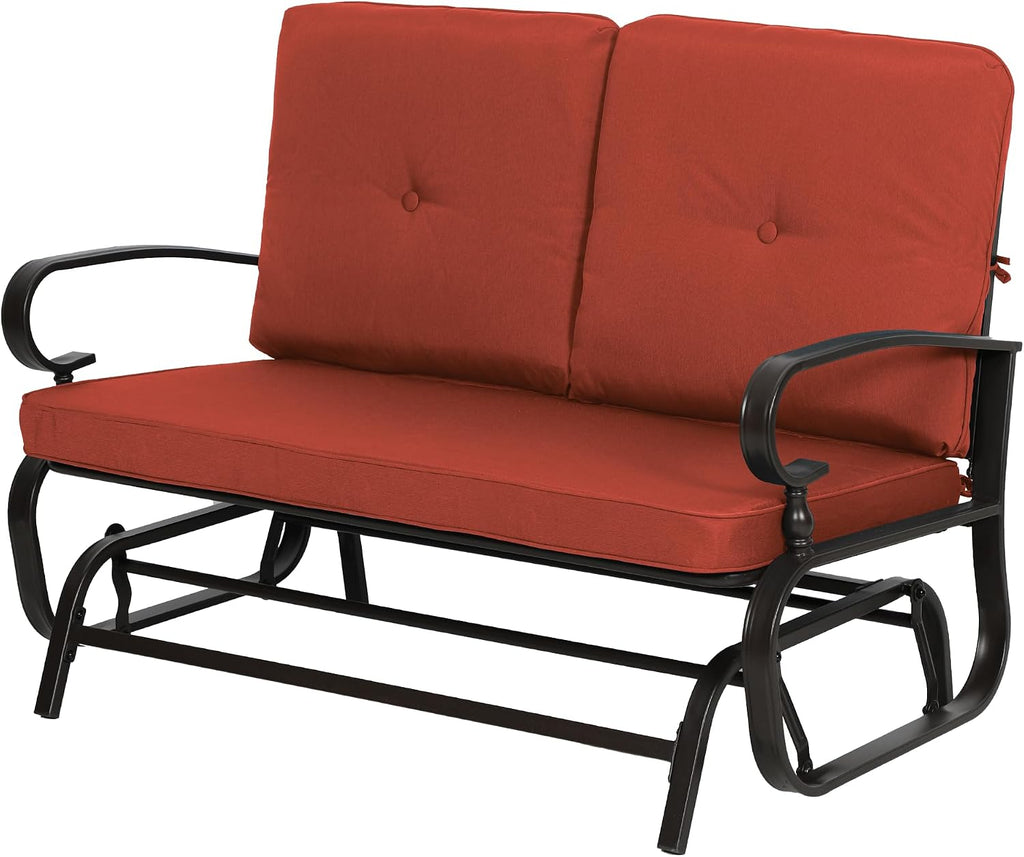 SUNCROWN Outdoor Swing Glider Chair, Patio 2 Seats Loveseat Rocking Chair with Cushions, Steel Frame Furniture-Red