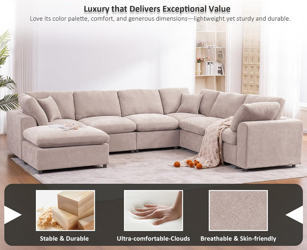 Oversized Modular Sectional Sofa Couch, Large 7 Seater Corner Sofa Modern U Shaped Sectional Couch with Ottoman Cloud Couches for Living Room, Office, Spacious Space, Beige - Chenille