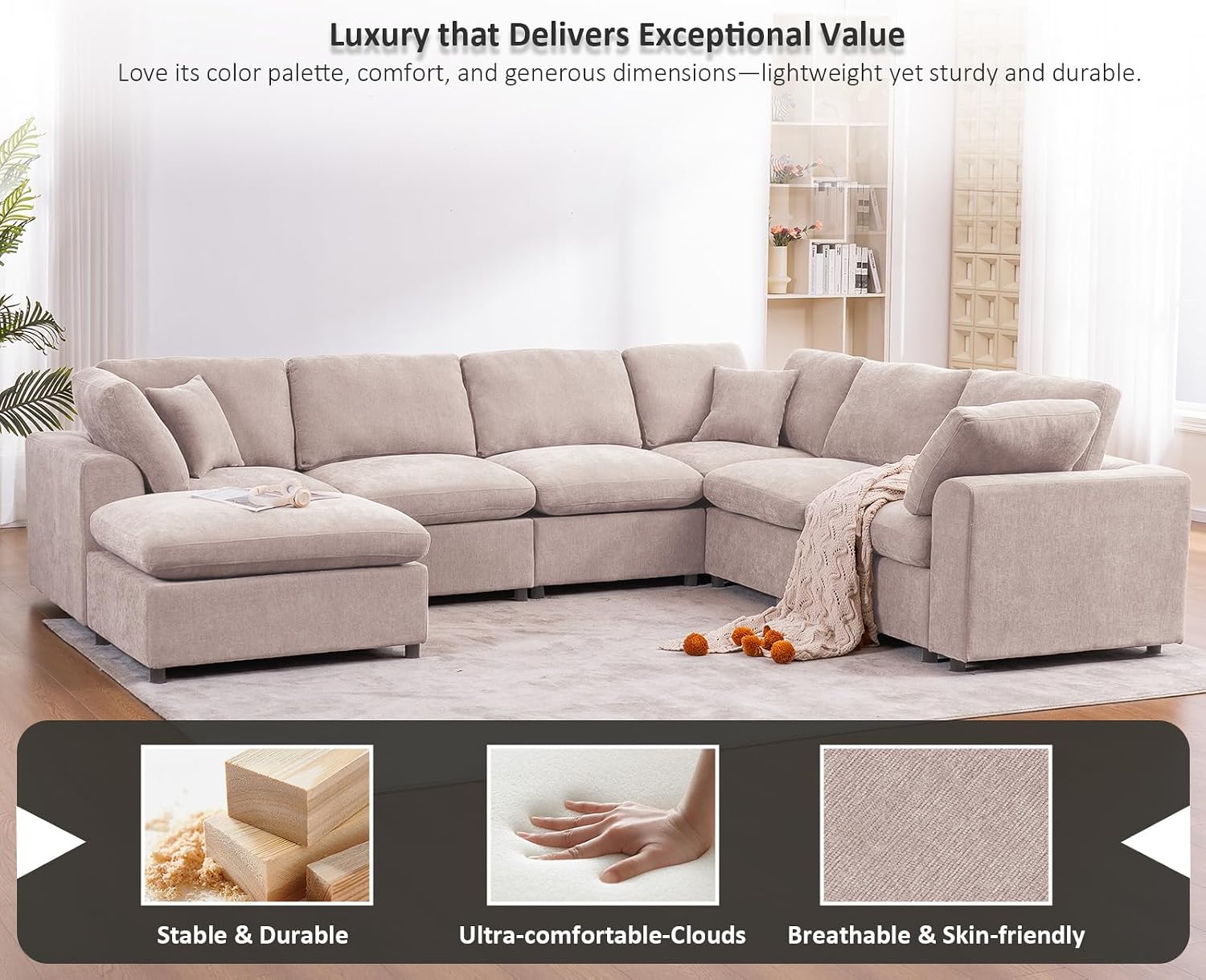 Oversized Modular Sectional Sofa Couch, Large 7 Seater Corner Sofa Modern U Shaped Sectional Couch with Ottoman Cloud Couches for Living Room, Office, Spacious Space, Beige - Chenille