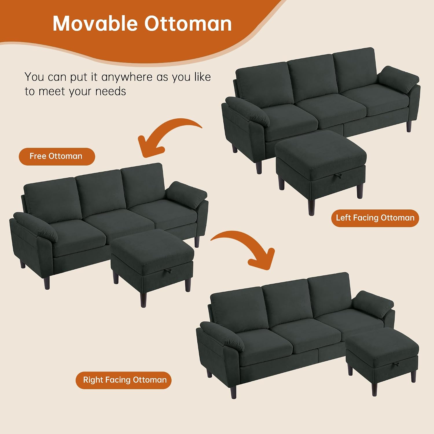 Convertible Sectional Sofa, Modern L Shaped 3-seat Sofa, 79' Linen Fabric Small Sectional Couch with Movable Ottoman, Couch for Small Spaces Living Room (Black)