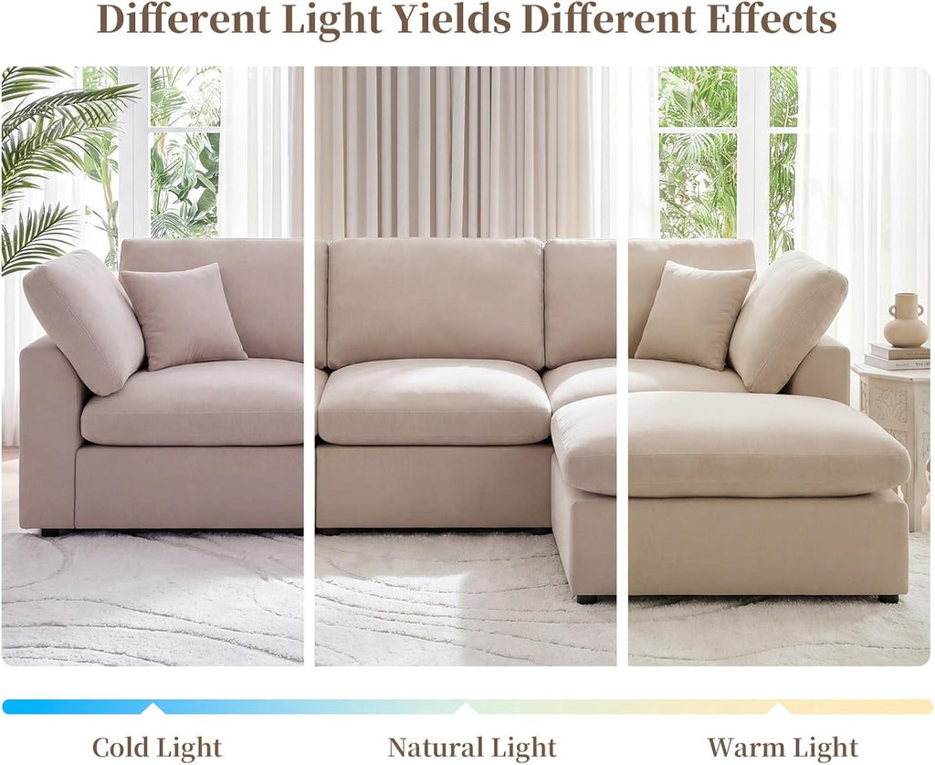 L-Shaped Modular Sectional Sofa, Modern Cloud Couch with Ottoman, 3-Seater Corner Sofa, Deep-Seated Sofas for Living Rooms, Bedroom and Apartment, Beige - Chenille