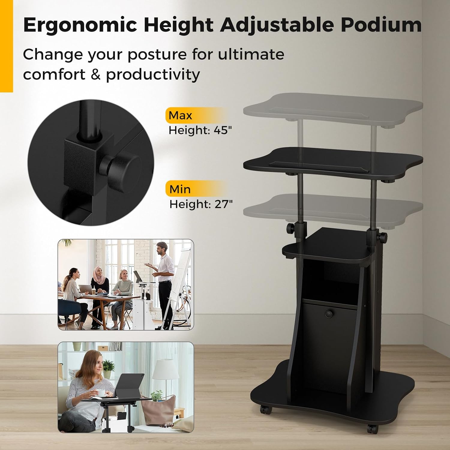 Giantex Mobile Podium Stand, Sit-to-Stand Laptop Cart with Tilting Tabletop & Storage Cabinet, Lockable Casters, Height-Adjustable Rolling Lectern for Classroom, Church, Home Office (Black, 2 Pack)