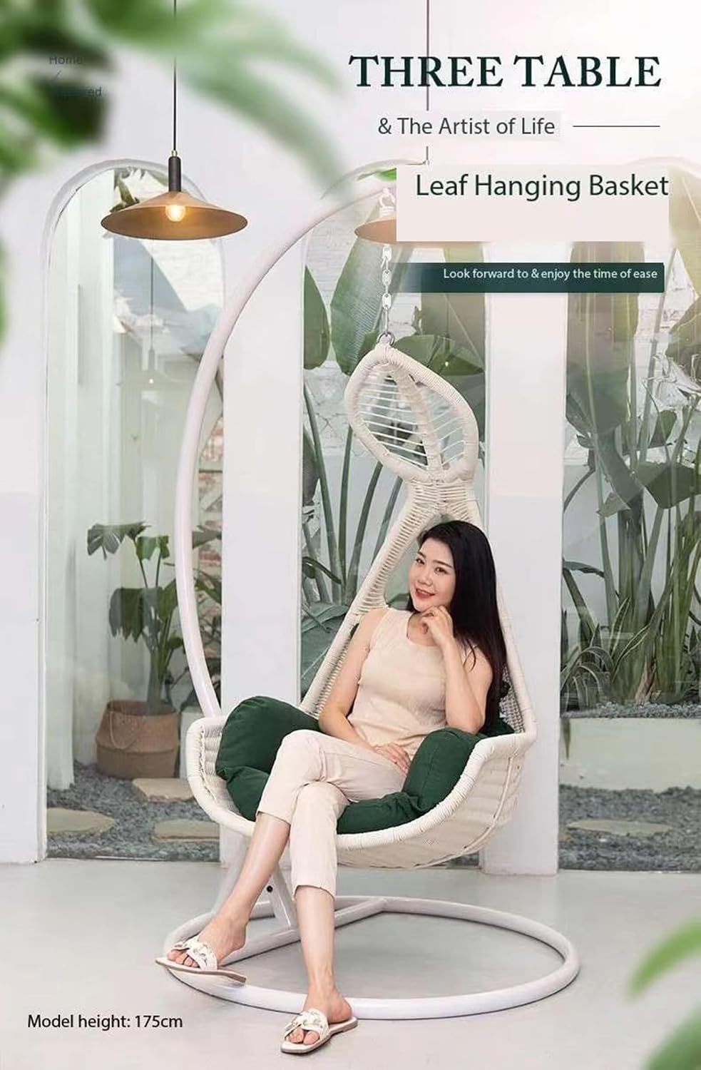 Hanging Rattan Basket Chair with Stand, Teardrop Shaped Swing Rocking Chair for Indoor and Outdoor Use, Perfect for Balcony, Garden, Patio, and Poolside - White, Green, Pink, Blue, Grain