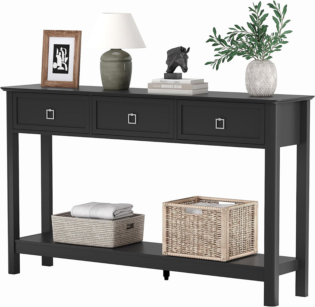Treocho 53.1' Console Table with 3 Drawers, Modern Entryway Table, 2-Tier Narrow Long Sofa Table Behind Couch Table for Living Room, Hallway, Black