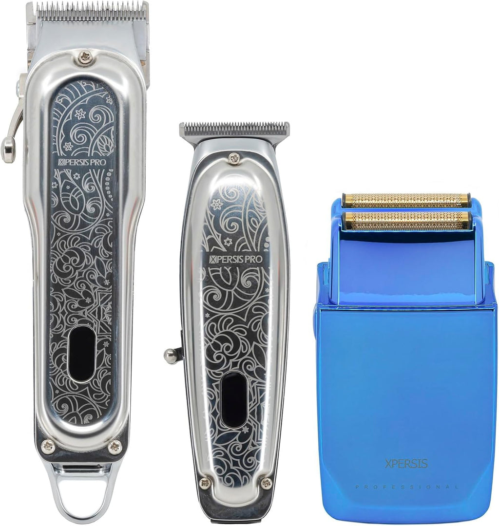 PRO Cordless Hair Clipper + Hair Trimmer for Mens and Barbers +Shaver with Sharp Blades, Cord/Cordless Electric Razor for Mens Silver & Blue