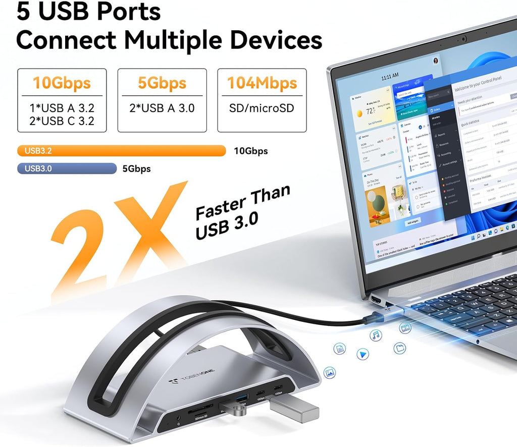 TobenONE Laptop Docking Station Dual Monitor 4K@60Hz with 100W Power Adapter, Vertical Docking Station with HDMI, USB A&C 3.2 Ports, SD/microSD, Audio for Dell/HP/Lenovo/Surface