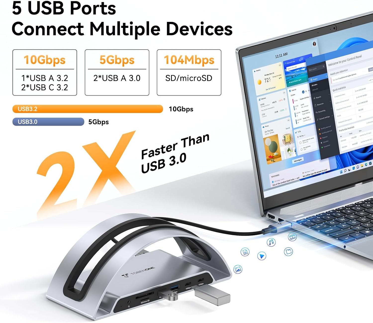 TobenONE Laptop Docking Station Dual Monitor 4K@60Hz with 100W Power Adapter, Vertical Docking Station with HDMI, USB A&C 3.2 Ports, SD/microSD, Audio for Dell/HP/Lenovo/Surface