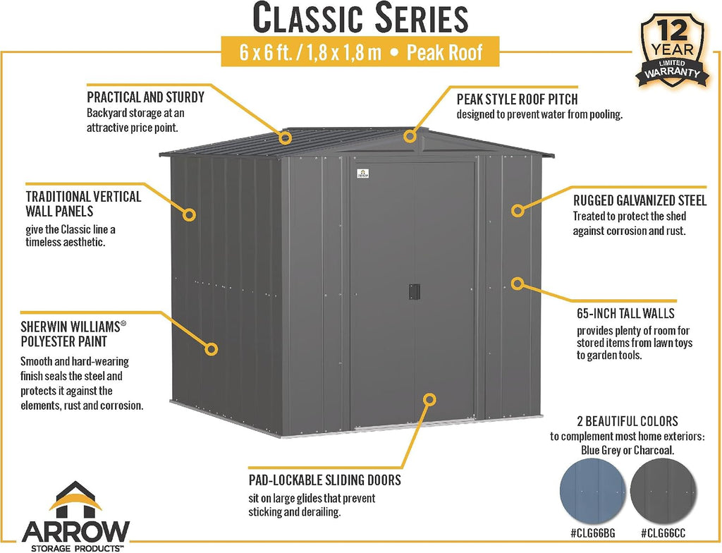 Arrow Sheds 6' x 6' Outdoor Steel Storage Shed, Grey