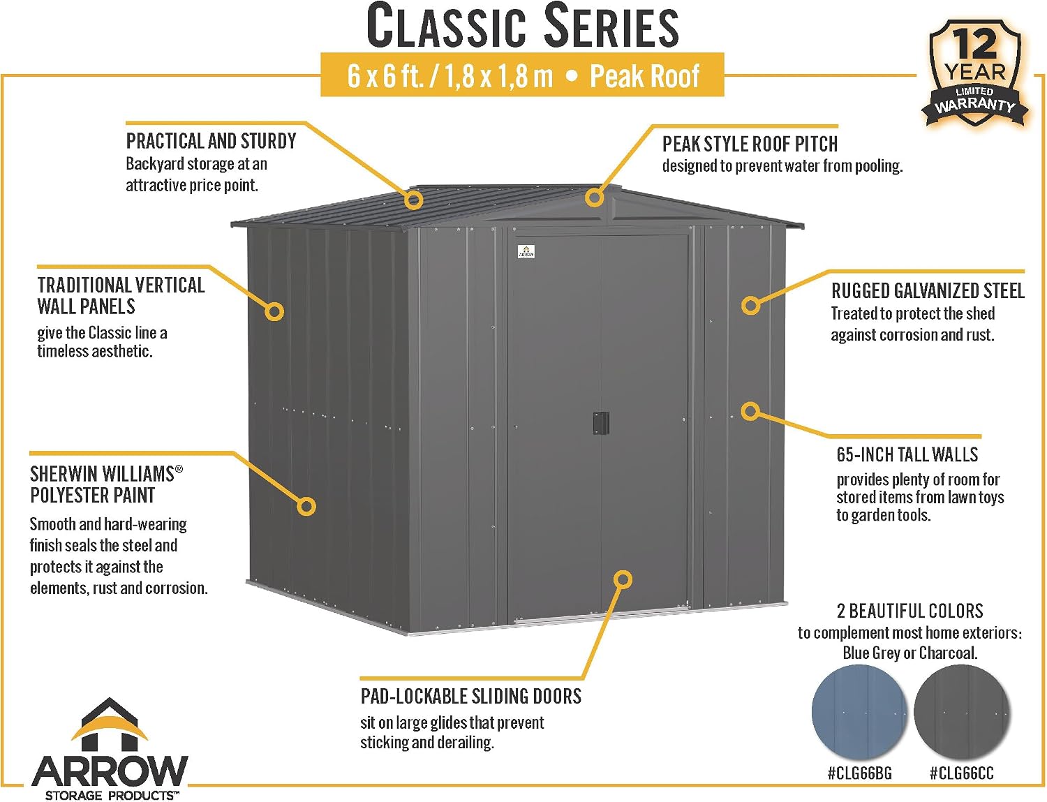 Arrow Sheds 6' x 6' Outdoor Steel Storage Shed, Grey