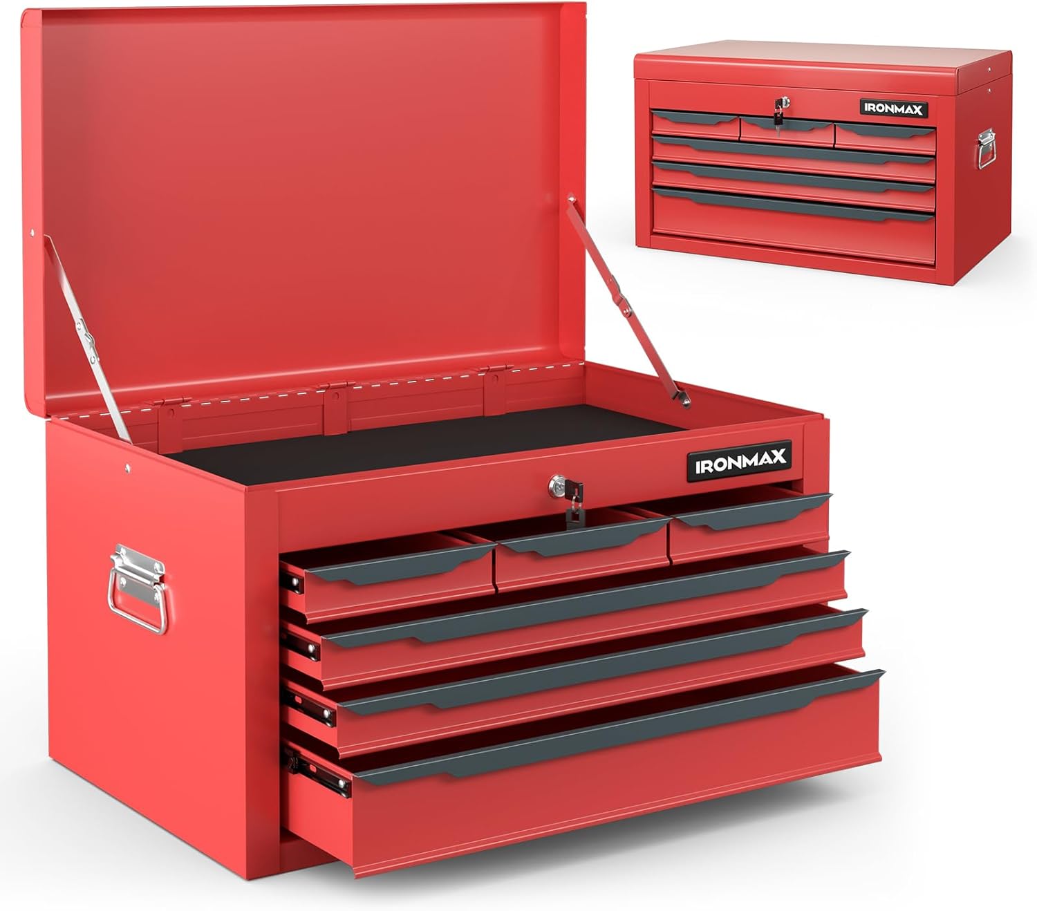 Goplus Tool Box, 24' Steel Tool Chest w/6 Drawers, Top Tool Tray,Automatic Lock, Protective Liners, Handle, Smooth Ball Bearing Sides, Portable Tool Storage Organizer, Toolbox for Garage Workshop