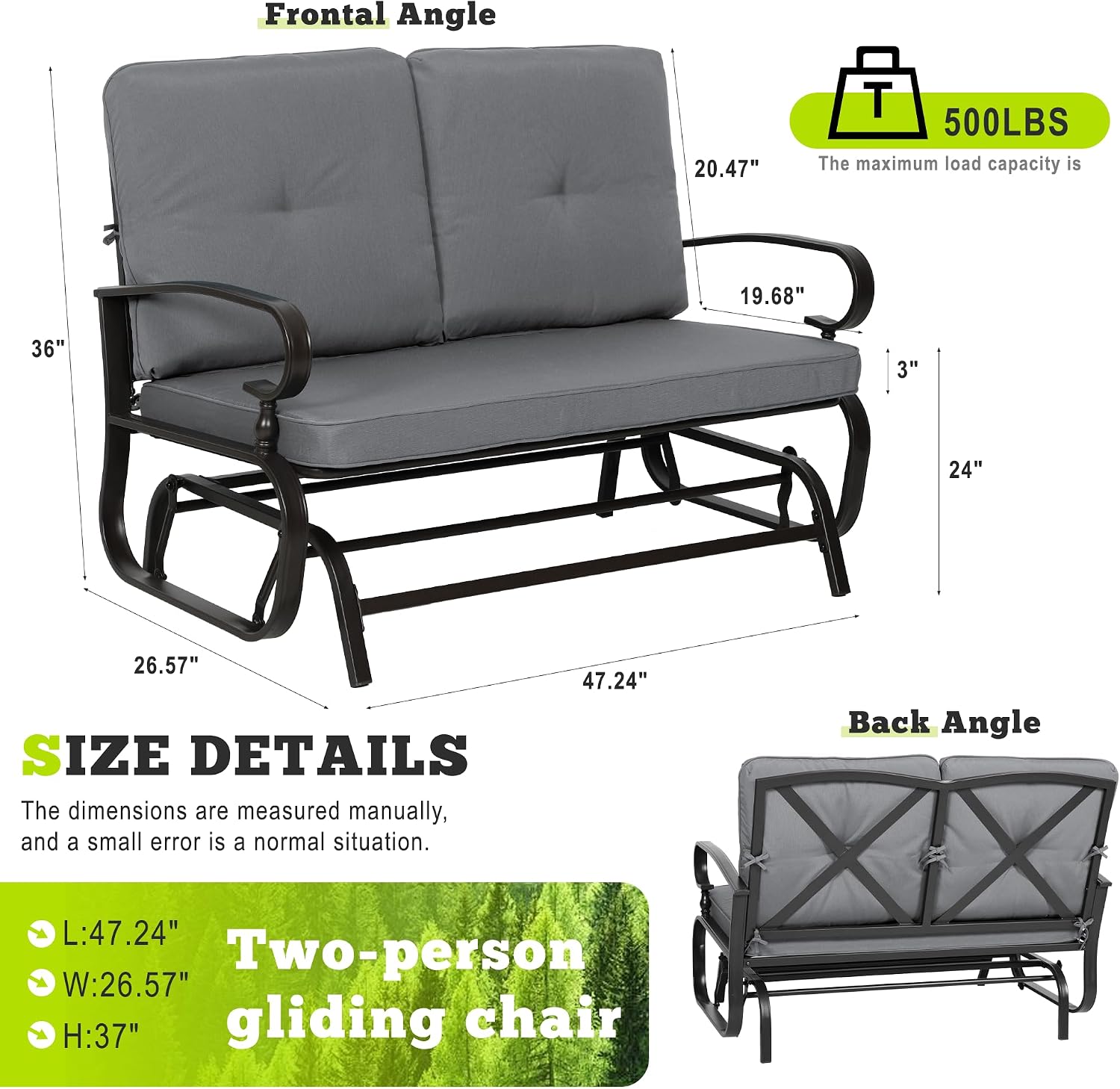 SUNCROWN Outdoor Swing Glider Chair, Patio 2 Seats Loveseat Rocking Chair with Cushions, Steel Frame Furniture Garden Seating with Cushion - Grey
