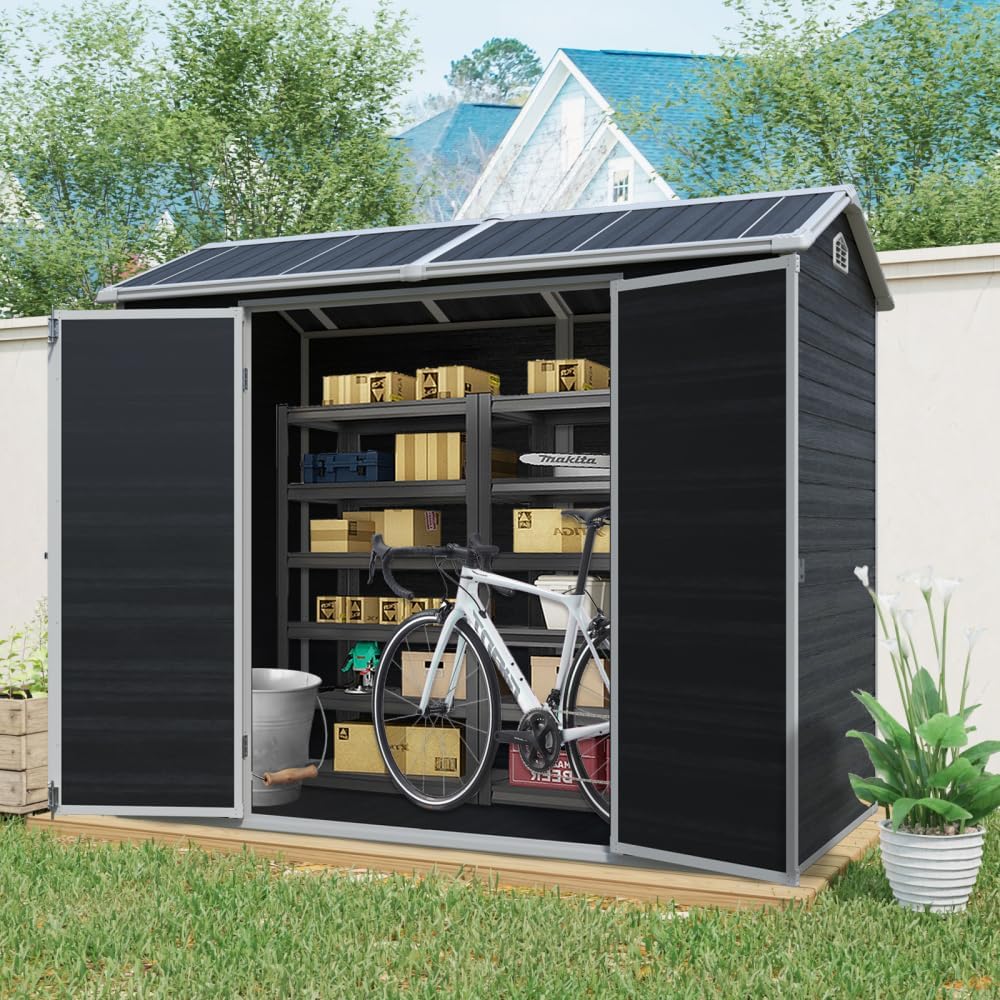 8x4FT Resin Garden Shed - Plastic Lean to Shed with Floor, Lockable Outdoor Storage Sheds for Patio Yard, Outdoor Shed with Floor Included (Black)