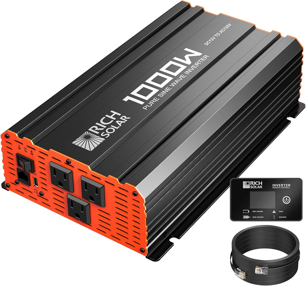 RICH SOLAR 1000 Watt 12 Volt Industrial Pure Sine Wave Inverter 12V DC to 110V AC Converter for RV Trailer Marine Off Grid Home