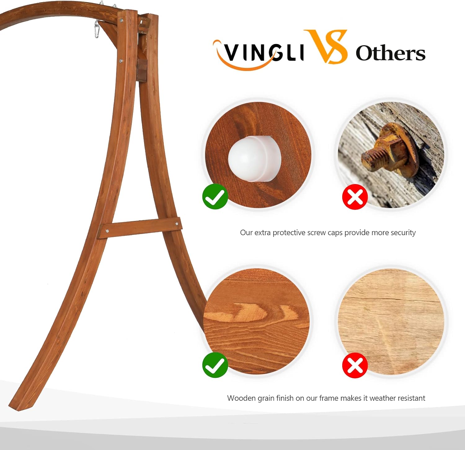 VINGLI 6.7FT Porch Swing Frame, 1000LBS Heavy Duty A-Frame Wooden Porch Swing Stand with Curved Arc Top for 5FT Porch Swing, Large Swing Hanger for Garden, Patio, Backyard & Indoor, Brown