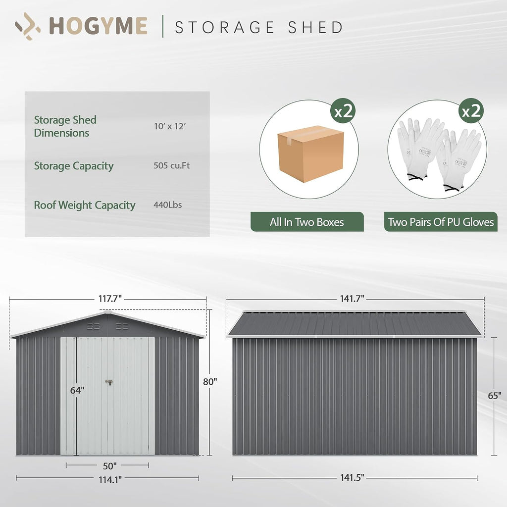 JAXPETY 10x12 FT Outdoor Storage Shed, Garden Shed with Lockable Doors, Tool Sheds for Backyard Garden Patio Lawn, Grey