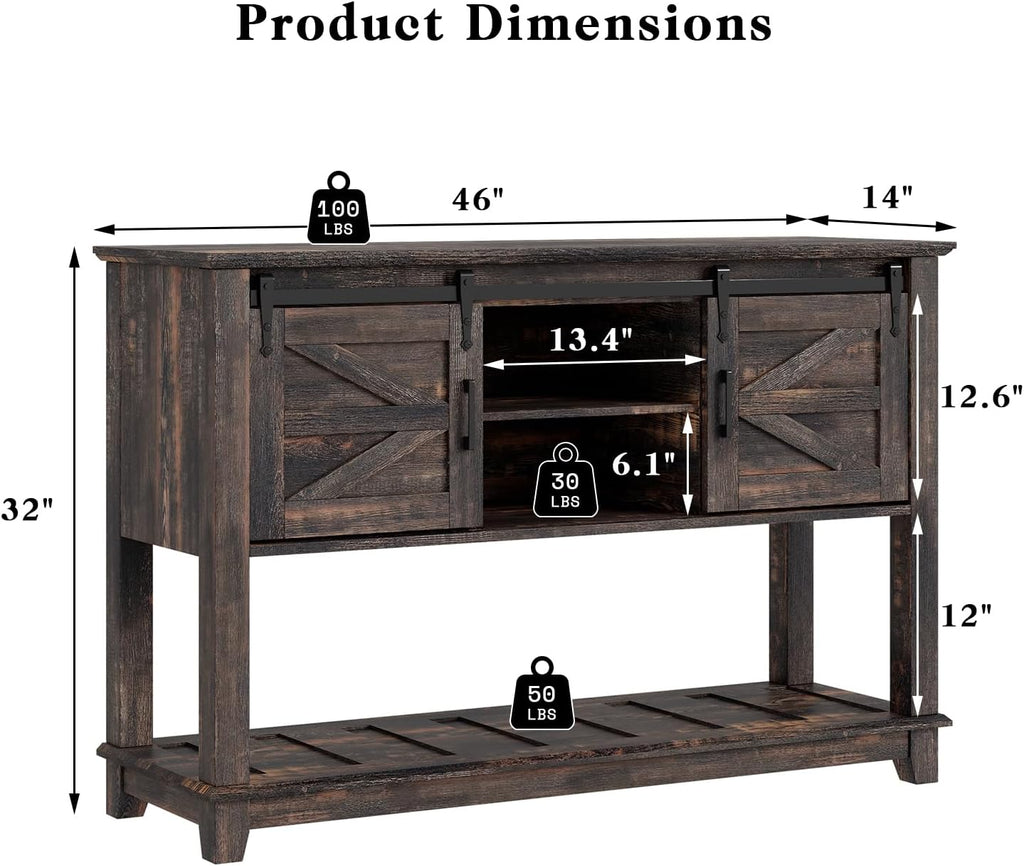LUXOAK Farmhouse Entryway Table with Sliding Barn Doors, 46' Sofa Table for Living Room, Console Table with Storage, Dark Rustic Oak