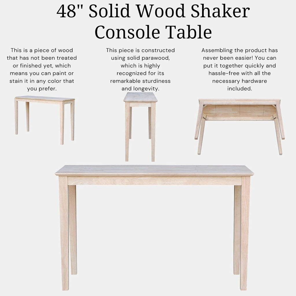International Concepts Shaker Console Table, 48-Inch Long, Solid Parawood, Unfinished
