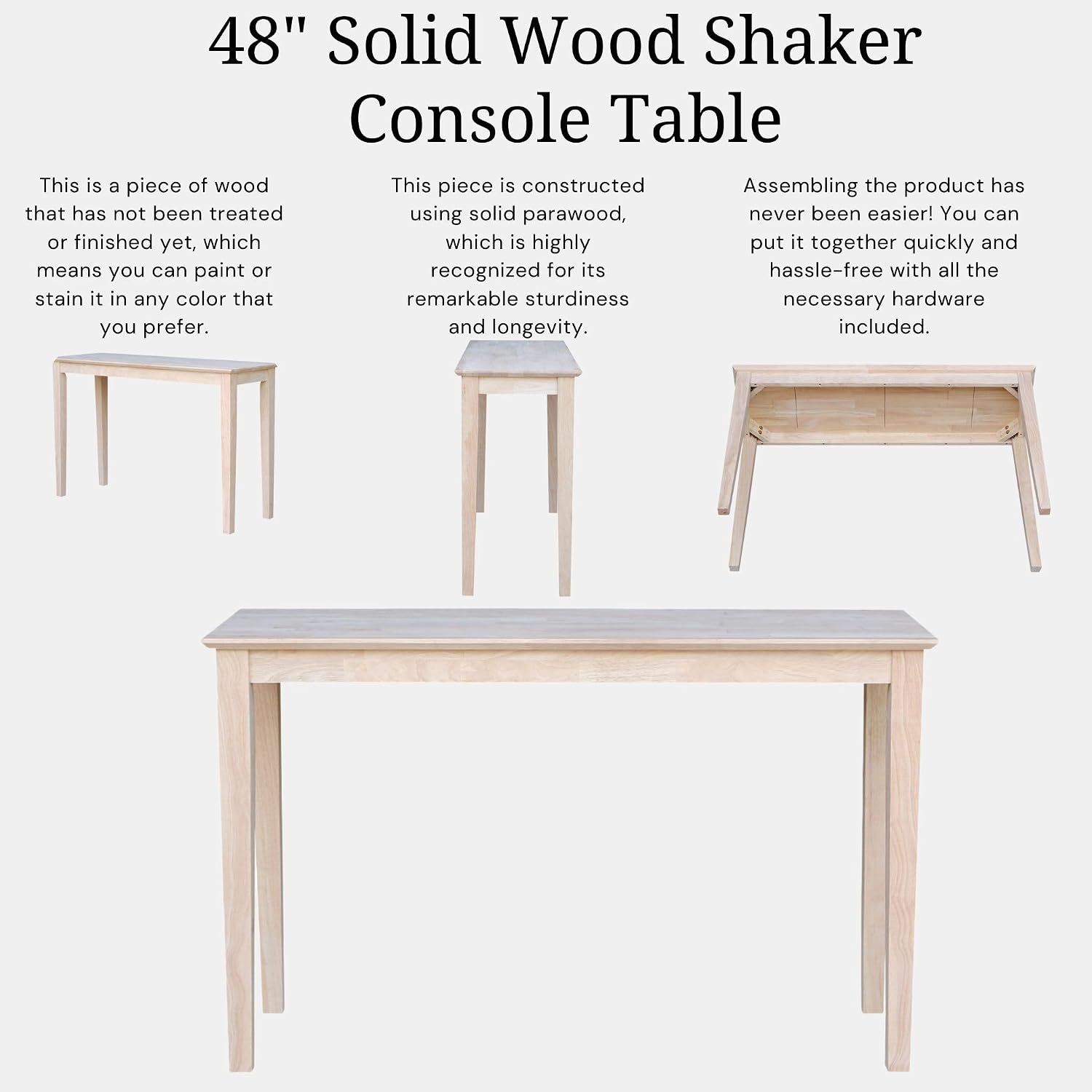International Concepts Shaker Console Table, 48-Inch Long, Solid Parawood, Unfinished