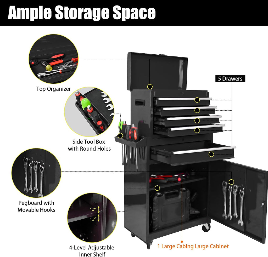 5-Drawer Tool Chest, Rolling Tool Box with Detachable Top Toolbox & Universal Wheels, Tool Cabinet with Lock Bar, Protective Liner & Tool Rack, Metal Storage Cart for Garage,Workshop (Black)
