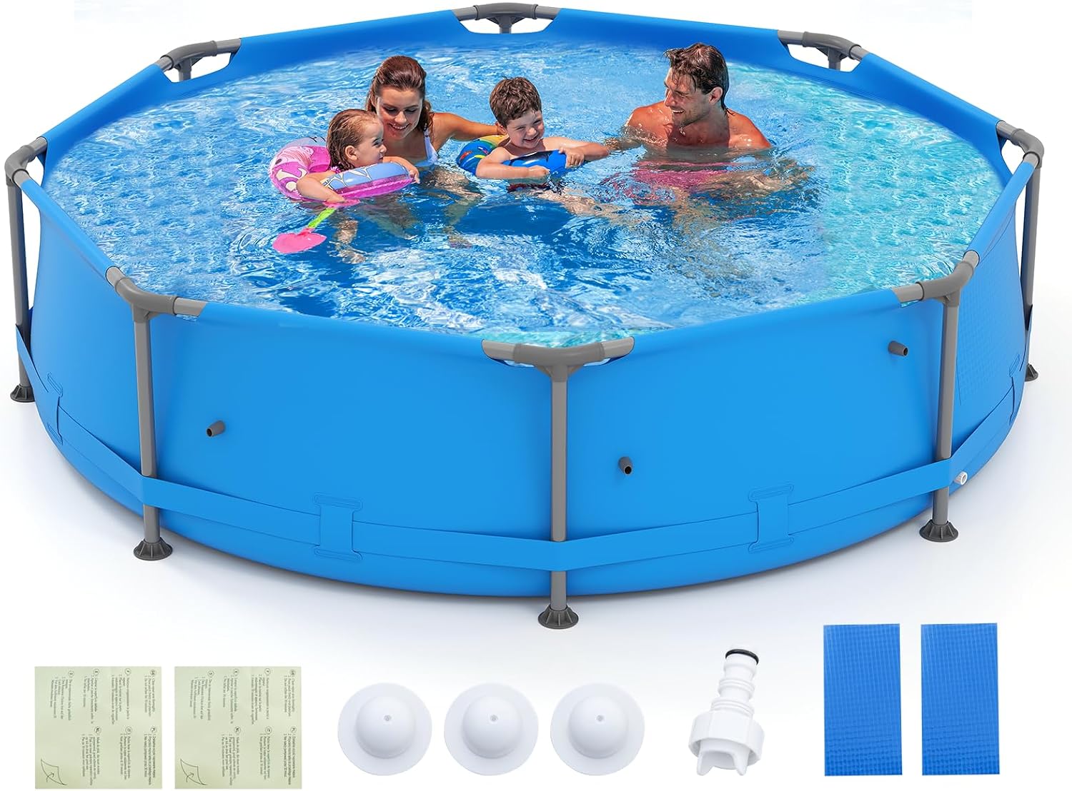 Moccha 10'x10' Round Above Ground Pool, Metal Frame Family Pool Set w/PVC Fabric, 3 Stoppers, Drainage Valve Connector, Outdoor Backyard Swimming Pool (10' Round, 1158 Gal, Blue)