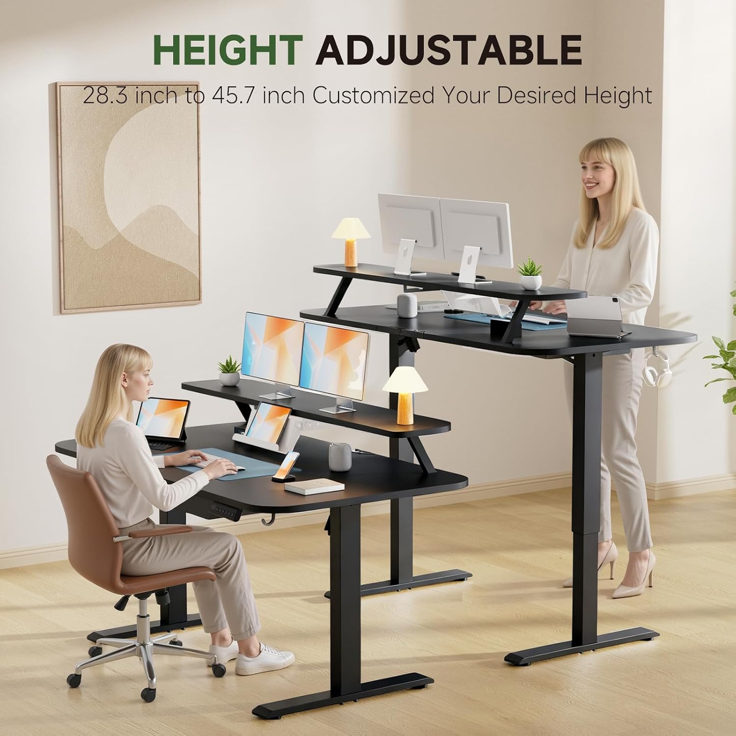 GTPLAYER Electric Standing Desk with Drawers, 55 x 24 Inches Height Adjustable Computer Desk with Monitor Stand, Laptop Stand, Sit Stand up Desk with Memory Preset for Home, Office, Black
