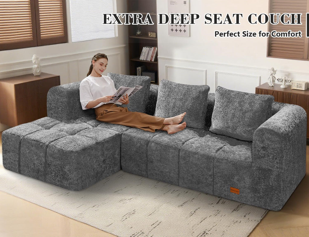 HABUTWAY 103' L-Shaped Modular Sectional Sofa, No Assembly Required Deep Seat Couch with 3 Pillows, Soft Fabric Upholstered, Modern Chaise Lounge for Living Room, Bedroom, Grey