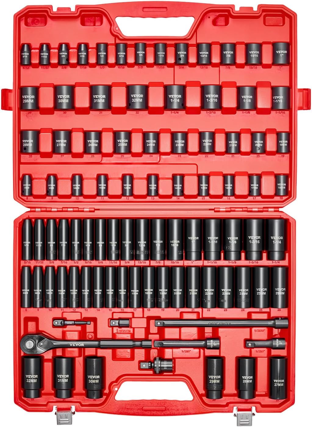 VEVOR 91-Piece 1/2' Drive Impact Socket Set, SAE (5/16' to 1-1/4') & Metric (8 to 32 mm), CR-V, Deep & Shallow, 6 Point, Ratchet Handle, Universal Joint, Adapters, Extension Bars (3, 5, 10 in)