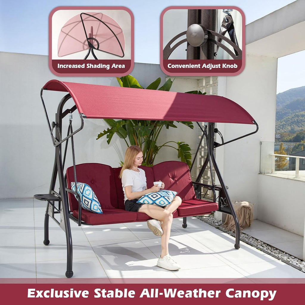 ZZW 800LBS Patio Swing with Canopy 3 Seat Outdoor Porch Swing with Stand w/Cup Holder & Pillow Glider Chair Swing Bed for Patio Backyard Poolside (Red)