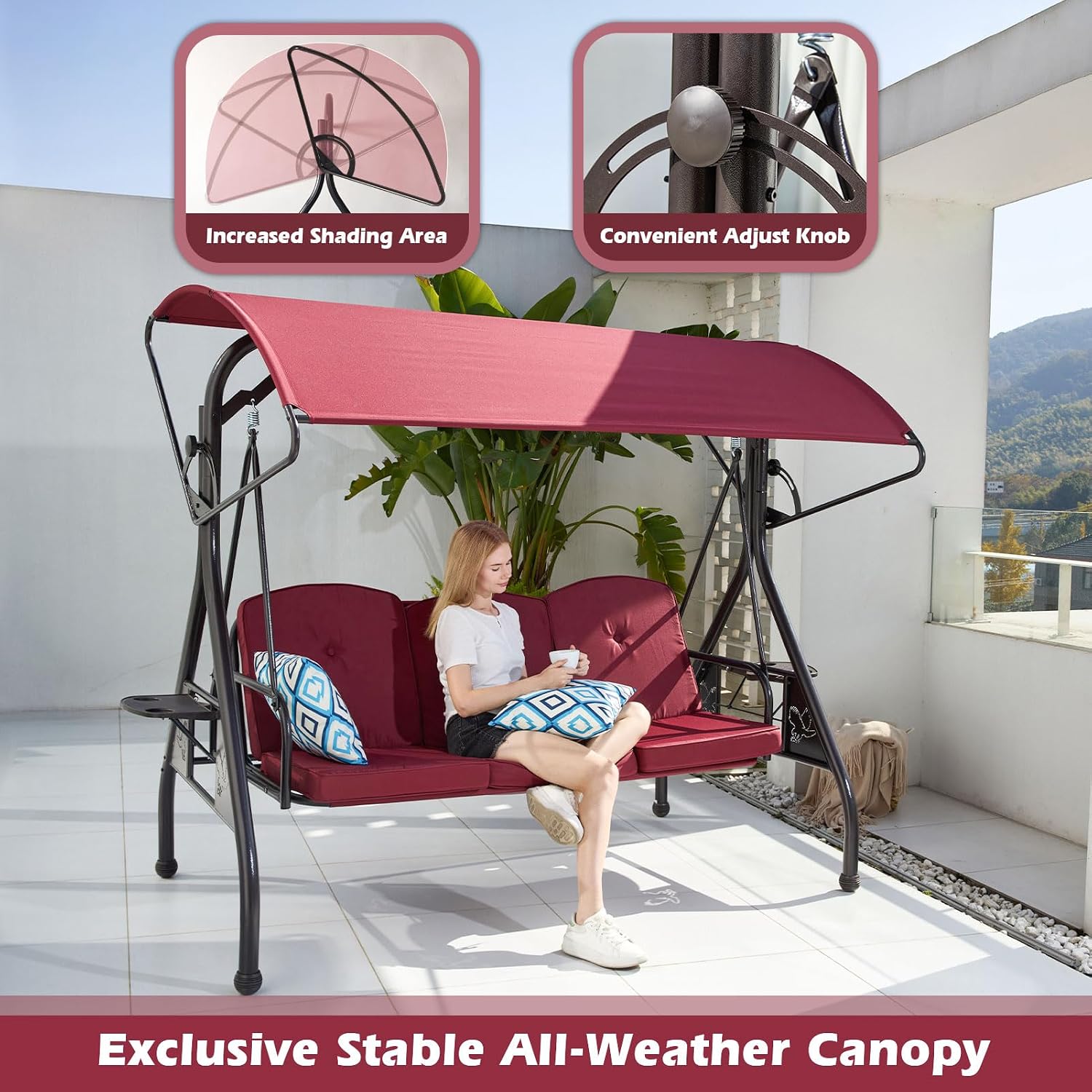 ZZW 800LBS Patio Swing with Canopy 3 Seat Outdoor Porch Swing with Stand w/Cup Holder & Pillow Glider Chair Swing Bed for Patio Backyard Poolside (Red)