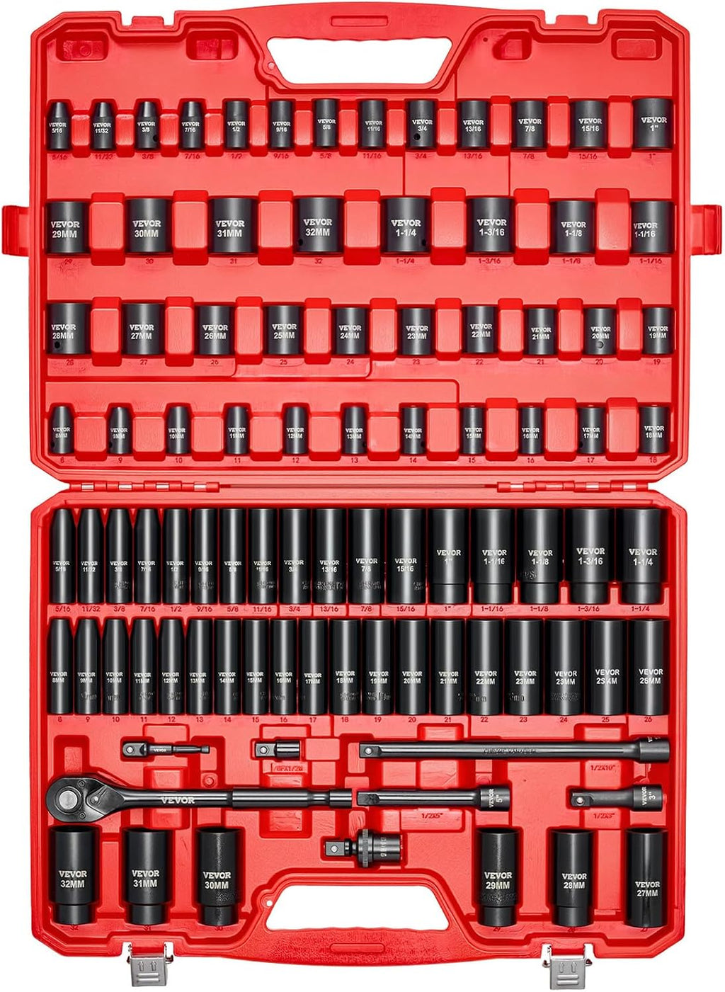 VEVOR 91-Piece 1/2' Drive Impact Socket Set, SAE (5/16' to 1-1/4') & Metric (8 to 32 mm), CR-V, Deep & Shallow, 6 Point, Ratchet Handle, Universal Joint, Adapters, Extension Bars (3, 5, 10 in)