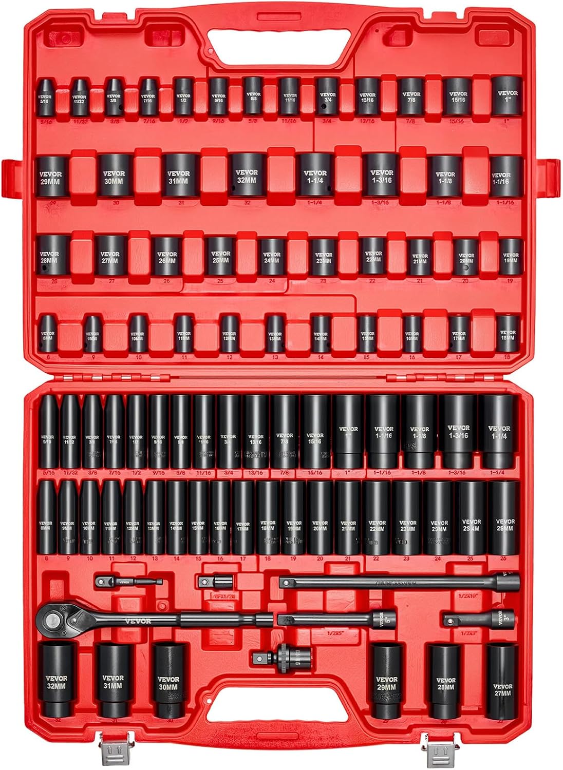 VEVOR 91-Piece 1/2' Drive Impact Socket Set, SAE (5/16' to 1-1/4') & Metric (8 to 32 mm), CR-V, Deep & Shallow, 6 Point, Ratchet Handle, Universal Joint, Adapters, Extension Bars (3, 5, 10 in)