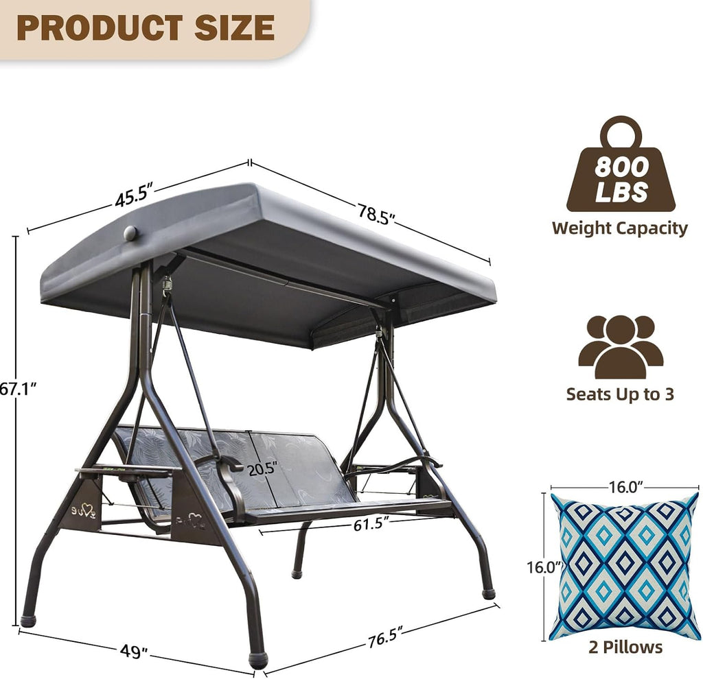 ZZW 3 Person Patio Swing Outdoor Swing for Adults with Adjustable Canopy &Upgraded Cup Holders Textilene Fabric Porch Swing Chair with Stand Heavy Duty 800 LBS