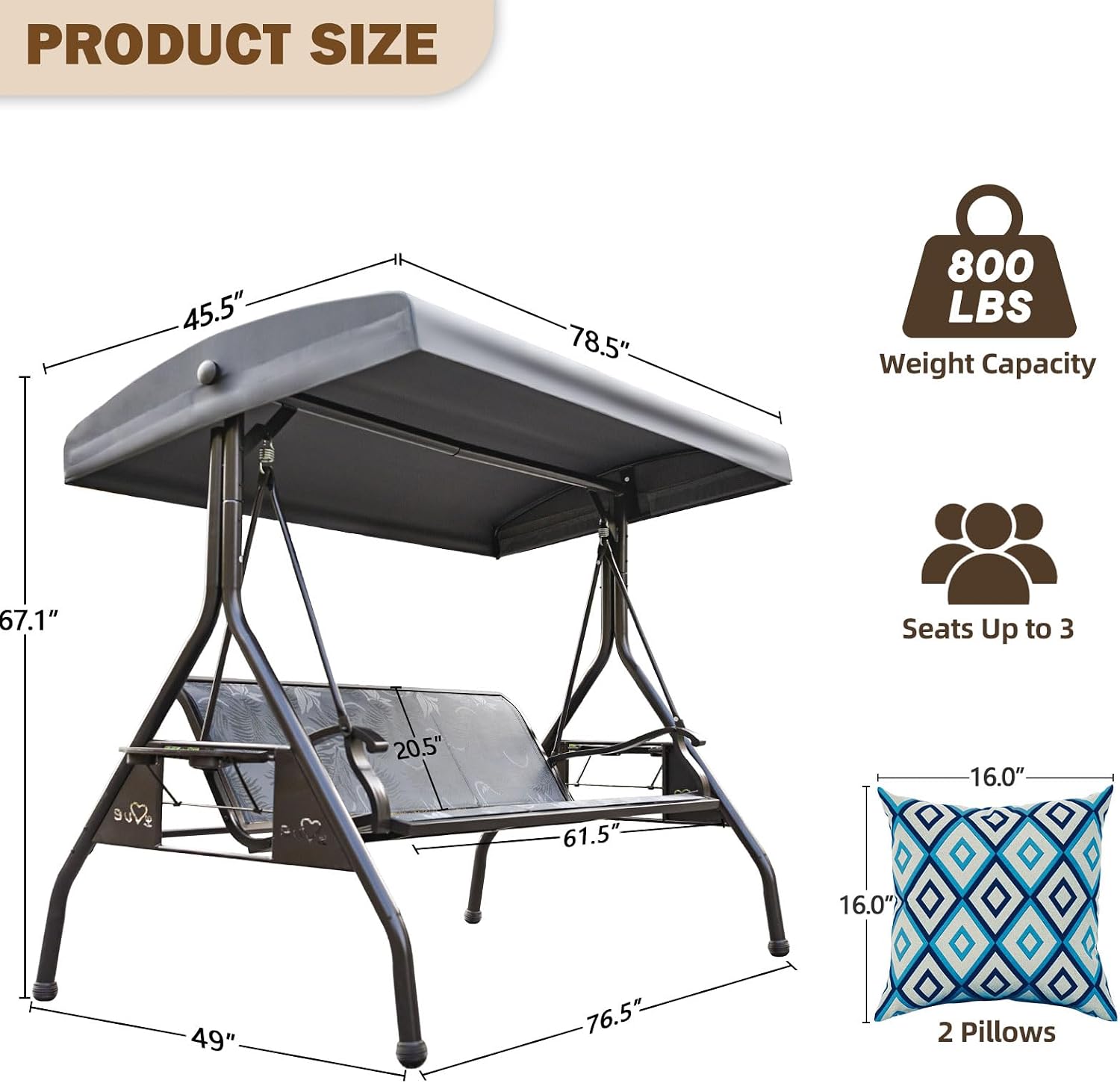 ZZW 3 Person Patio Swing Outdoor Swing for Adults with Adjustable Canopy &Upgraded Cup Holders Textilene Fabric Porch Swing Chair with Stand Heavy Duty 800 LBS