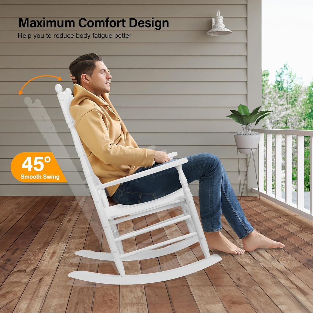 VINGLI Wooden Rocking Chair Outdoor Set of 2, Patio Rockers with High Back, Support 450 LBS Rocking Chairs, for Porch, Patio, Balcony, Garden, Yard (White, 2 PCS)