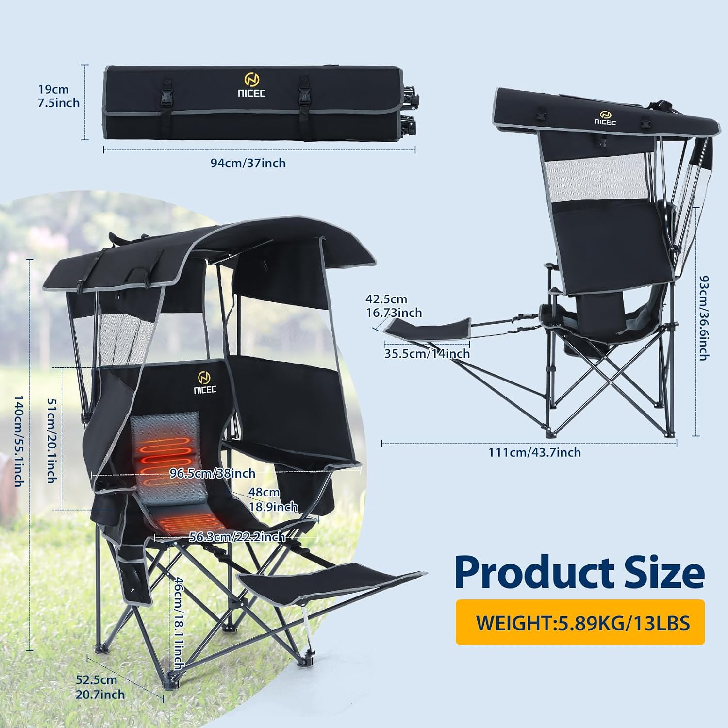 Nice C Chair with Canopy, Heated Camping Chair with Battery, Outdoor Sports Chairs with Shade, Heated Folding Umbrella Lawn Chairs, with Removable Footrest (1-Pack)