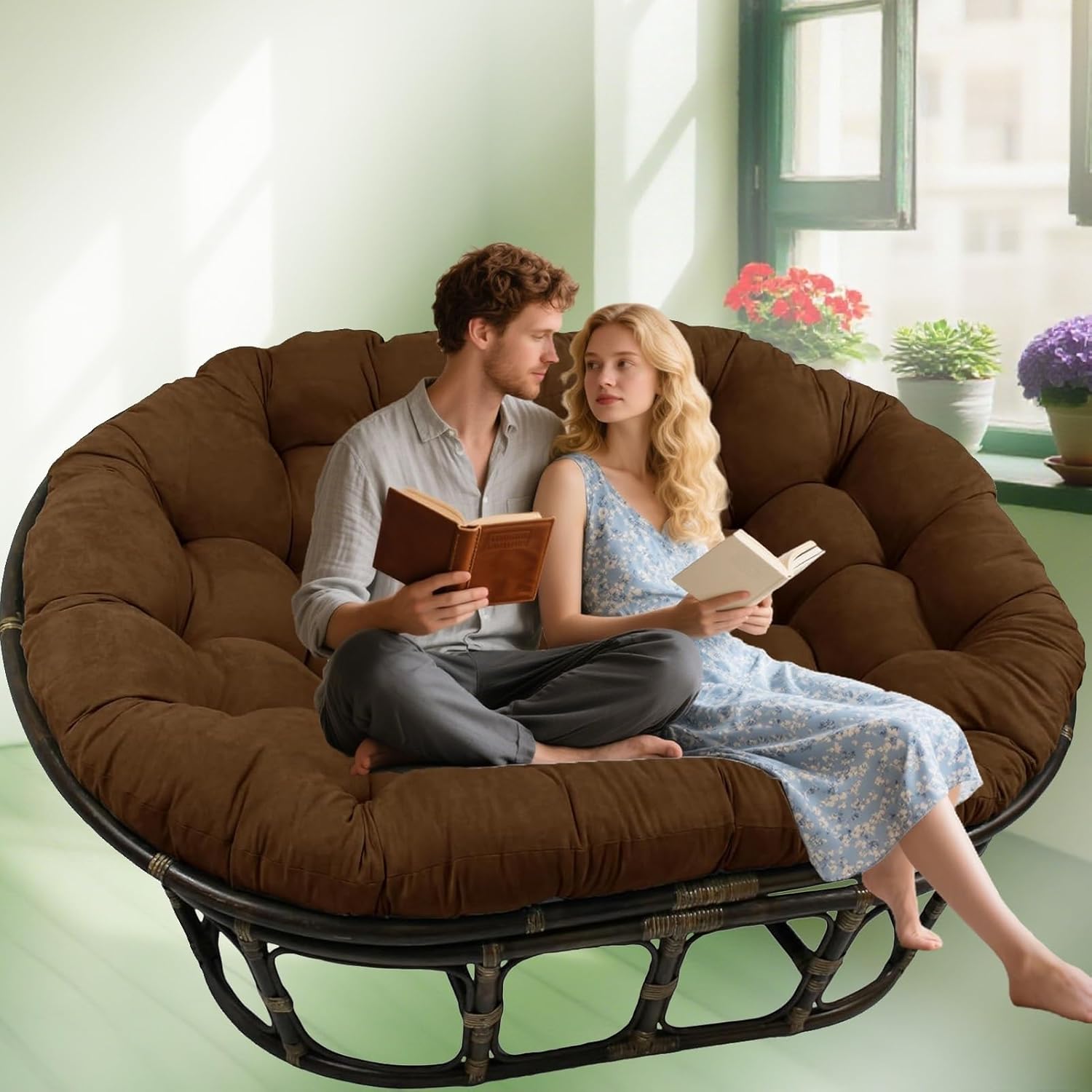 Oversized Double Papasan Chair Cushion, Indoor Outdoor Wicker Egg Rocker Cushions for Patio Furniture, Overstuffed Round Cushion, (Frame NOT Included)