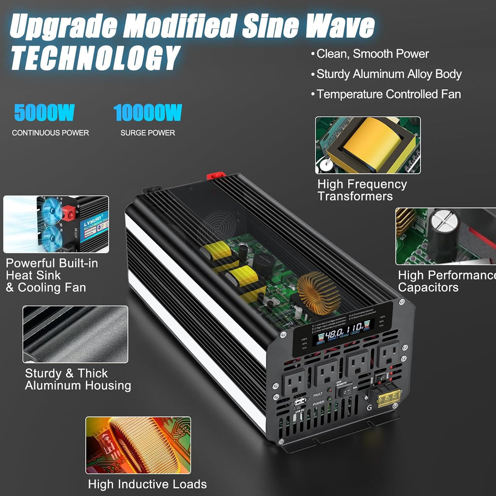 LVYUAN 5000 Watt Power Inverter 48V to 110V 120V for Vehicle, Solar Inverter System, Heavy Duty, RV, Truck, Off Grid,Camping with 4 AC Outlets, LCD Display, Wireless Remote Control, Car Power Inverter