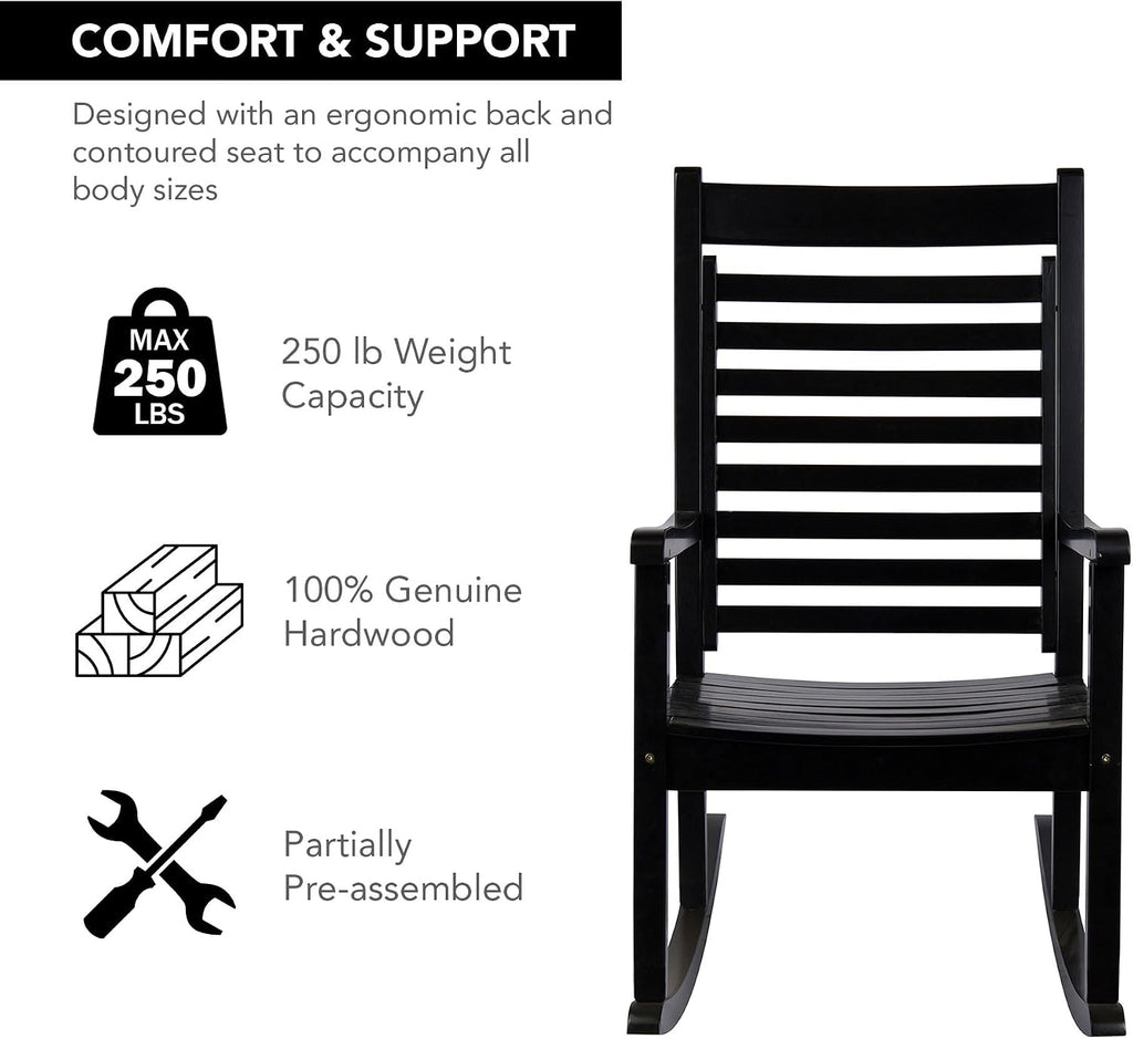 Shine Company Modern Wood Rocking Chairs, Ergonomic Wide Seat Porch Rockers, 2-Pack, Black