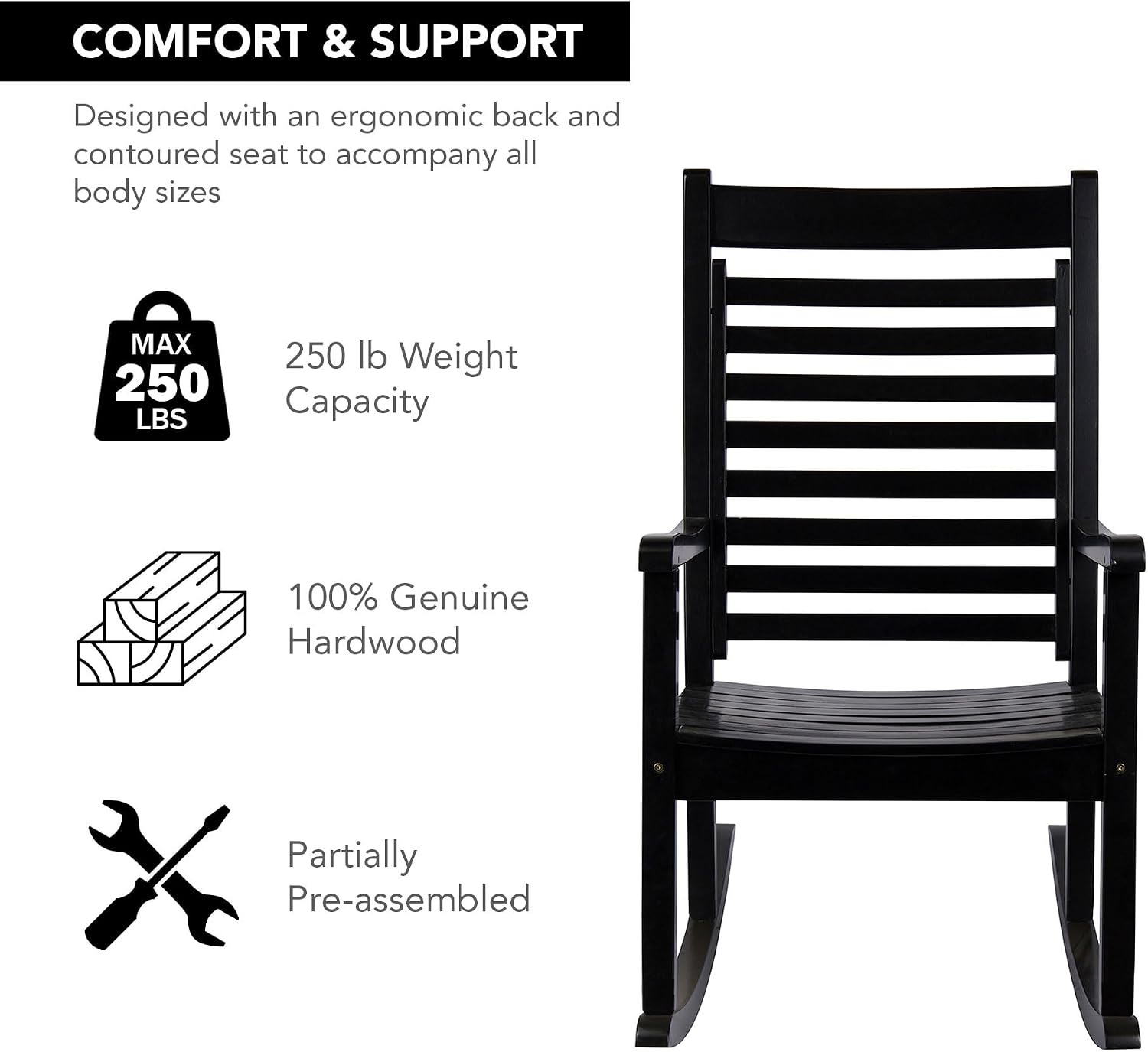 Shine Company Modern Wood Rocking Chairs, Ergonomic Wide Seat Porch Rockers, 2-Pack, Black