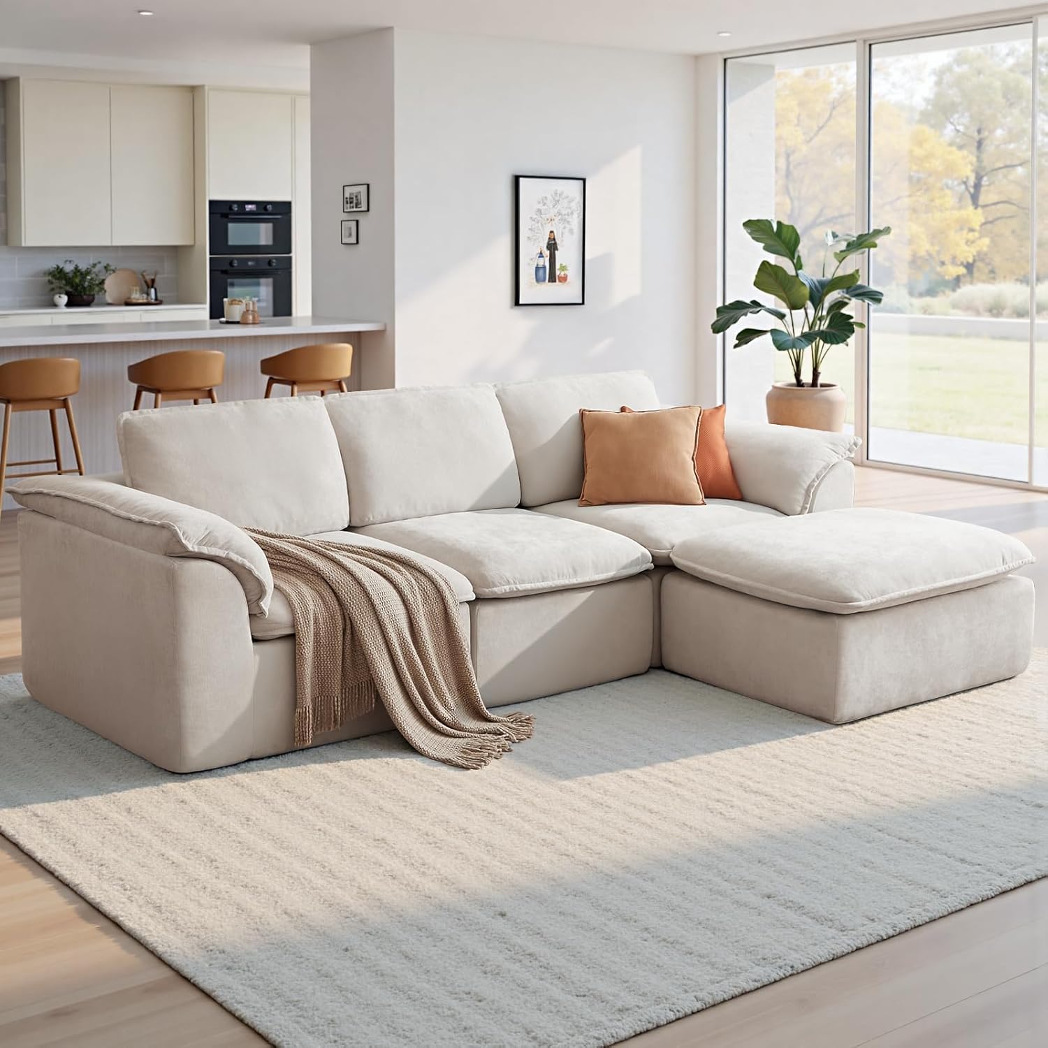 HALLYBEE 112' Cloud Couch Sectional with Padded Armrests & Moveable Ottoman Boneless Sectional Couches for Living Room White Couch, No Assembly Required
