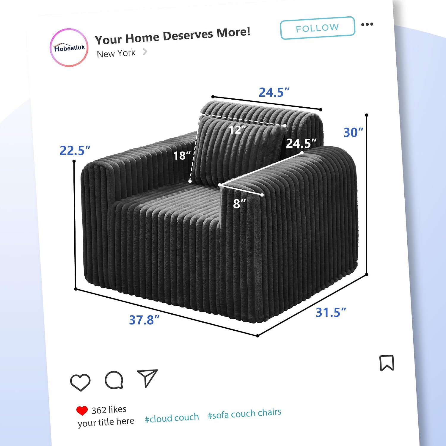 Hobestluk Single Sofa Foam Couch Sofa for Small Spaces Comfy Sofas with Removable Cover Furry Couch with Pillows for Living Room, Bedroom, Apartment, Office (Black, Standard)