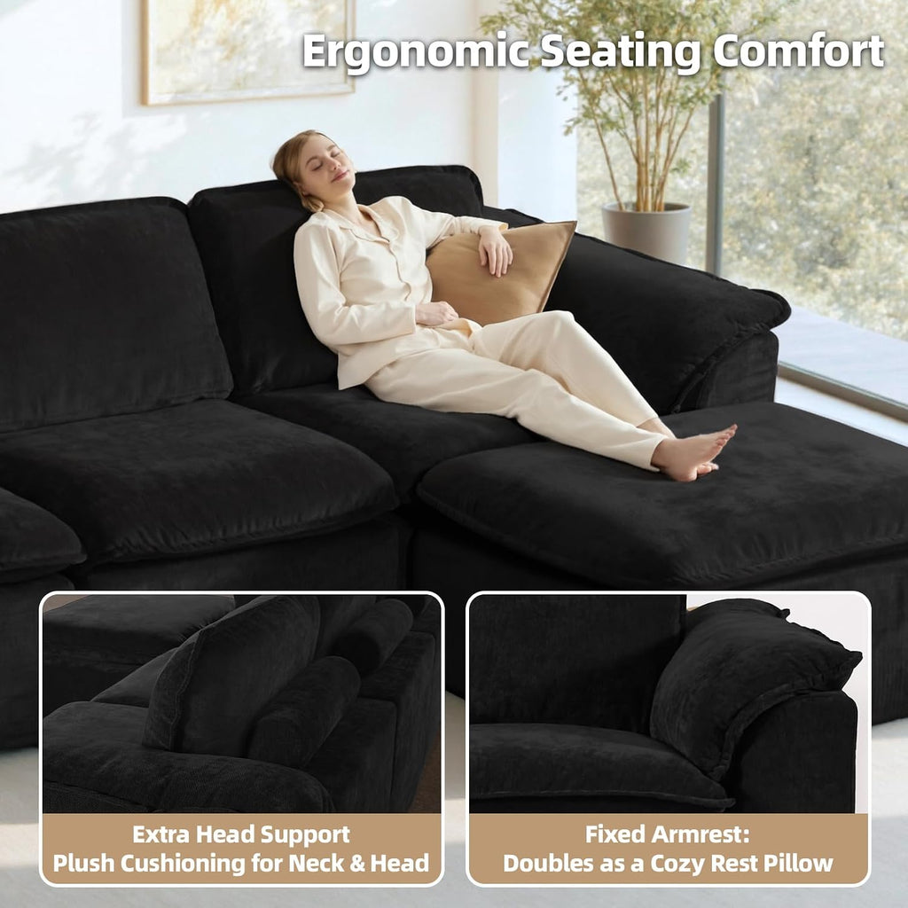 HALLYBEE 112' Cloud Couch Sectional with Padded Armrests & Moveable Ottoman Boneless Sectional Couches for Living Room Black Couch, No Assembly Required