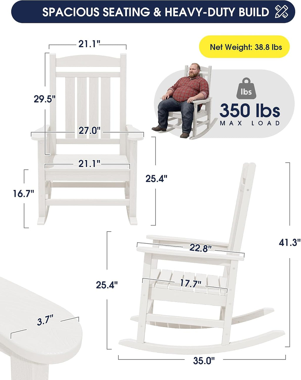 KINGYES Oversized HDPE Patio Rocking Chair Set of 2, Outdoor Rocking Chairs Porch Rocker for Adults, White
