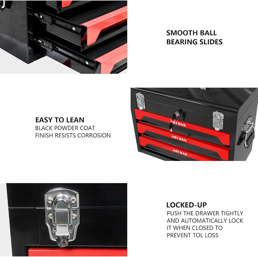 3 Drawers Metal Tool Box, 19' Heavy Duty Steel Tool Chest w/Key Lock & Handle, Multi-Function Top Storage Tray Toolbox w/Powder Coating & Ball Bearing Slides for Garage & Workshop(Black+Red)