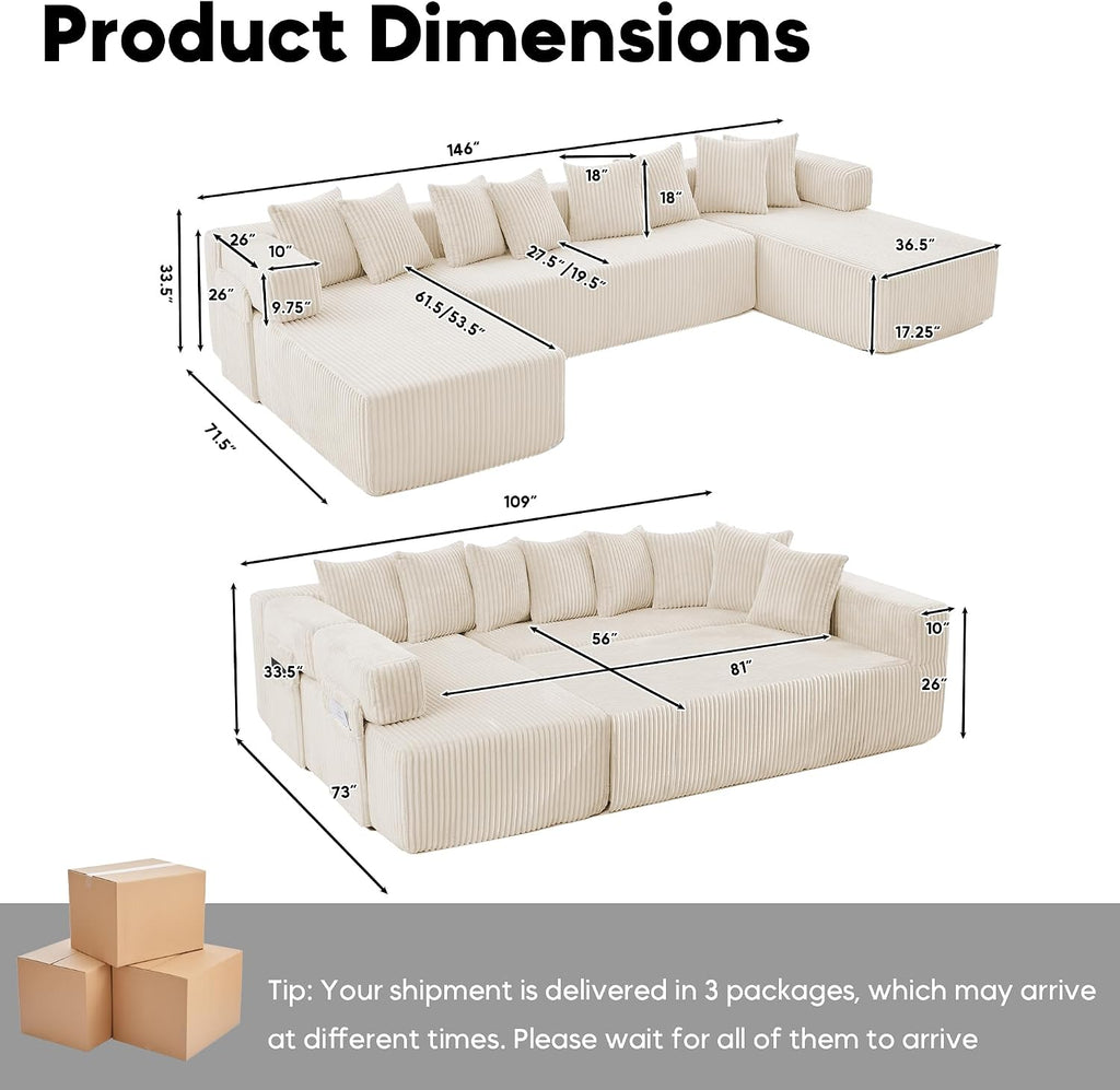 Oversized Cloud Boneless Couch with Chaise, 146' Modern U Shape Modular Deep Seat Sectional Sofa, Comfy Corduroy Upholstered Couches for Living Room, No Assembly Required-Beige