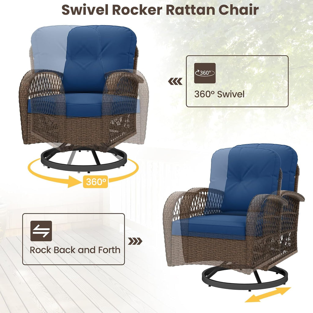 ORALNER 3 Pieces Wicker 360° Swivel Rocker Set Patio Furniture, Rocking Chairs with Cushions, Tempered Glass Coffee Table, Outdoor Rattan Bistro Set for Balcony Front Porch Deck Poolside (Navy)